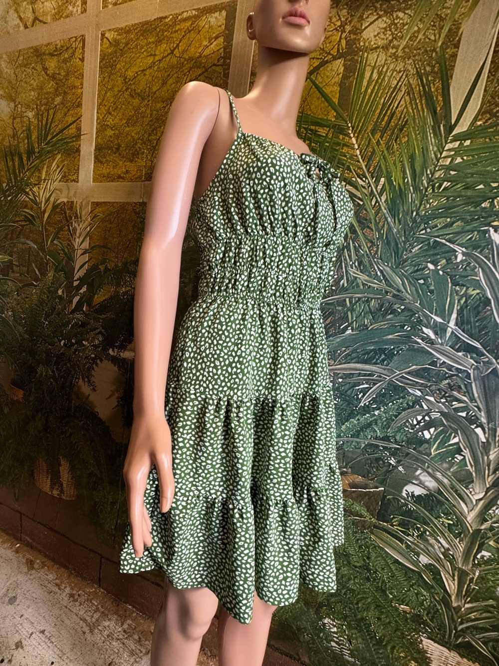 HesperusSmocked Green Floral Mini Dress with Spaghetti Straps